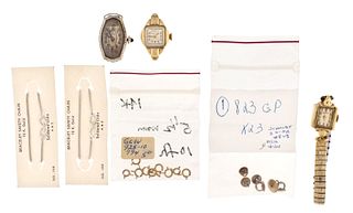 A lot of three gold wrist watches and gold jewelers findings