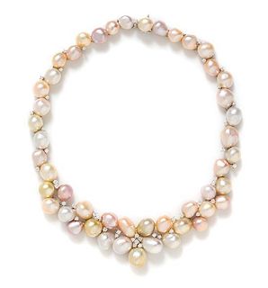 * An 18 Karat White Gold, Multicolor Cultured Pearl and Diamond Necklace, 76.75 dwts.