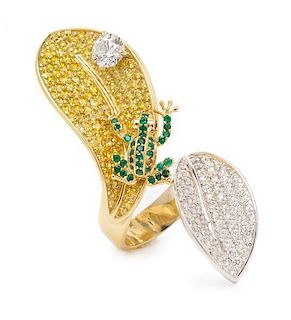 * An 18 Karat Bicolor Gold, Color Diamond, Diamond and Emerald Frog and Leaf Motif Ring, 22.60 dwts.