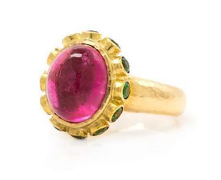 An 18 Karat Yellow Gold, Pink Tourmaline and Tsavorite Ring, Elizabeth Locke, 5.80 dwts.