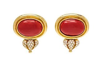 A Pair of 18 Karat Yellow Gold, Coral and Diamond Earclips, 16.30 dwts.