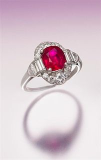 An Art Deco Platinum, Burmese Ruby and Diamond Ring, 3.20 dwts.