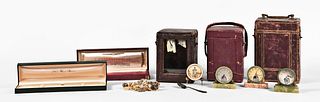 Three carriage clock travel cases watch boxes and desk clocks