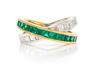 An 18 Karat Bicolor Gold, Emerald and Diamond Band, Chopard, 7.60 dwts.