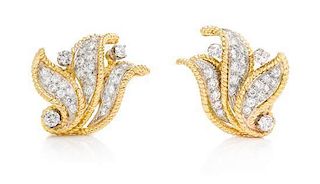A Pair of 18 Karat Yellow Gold, Platinum and Diamond Earclips, Hammerman Brothers, 10.50 dwts.