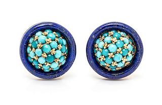 A Pair of 18 Karat Yellow Gold, Turquoise and Lapis Lazuli Earclips, 8.90 dwts.