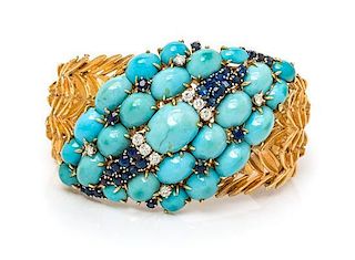 An 18 Karat Yellow Gold, Turquoise, Sapphire and Diamond Bracelet, 44.00 dwts.