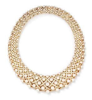 * An 18 Karat Yellow Gold, Diamond and Cultured Pearl "Matelasse" Necklace, Chanel, 215.20 dwts.