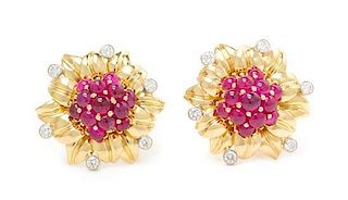 A Pair of 18 Karat Bicolor Gold, Ruby and Diamond Earclips, Aletto Brothers, 17.80 dwts.