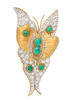An 18 Karat Bicolor Gold, Emerald and Diamond Butterfly Brooch, Federico Buccellati, 8.10 dwts.