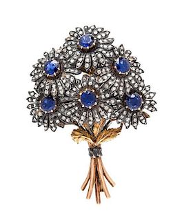 A Silver Topped Gold, Sapphire and Diamond Floral Motif Brooch, Buccellati, 15.05 dwts.