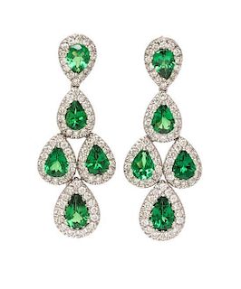 * A Pair of 18 Karat White Gold, Tsavorite and Diamond Earrings, 4.40 dwts.