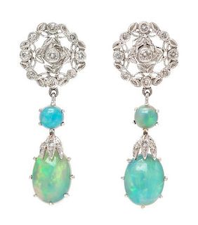 A Pair of White Gold, Opal and Diamond Earrings, 2.80 dwts.