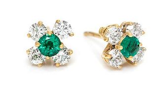 A Pair of 18 Karat Yellow Gold, Emerald and Diamond Earrings, Tiffany & Co., Circa 1989, 2.60 dwts.
