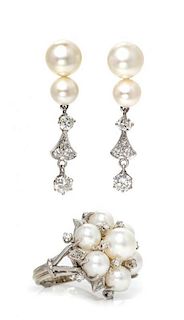 A Collection of White Gold, Cultured Pearl and Diamond Jewelry, 10.60 dwts.