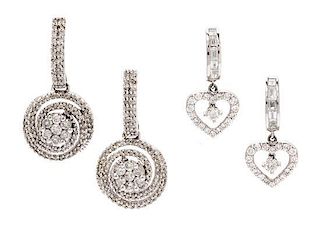 A Collection of White Gold and Diamond Earrings, 6.20 dwts.