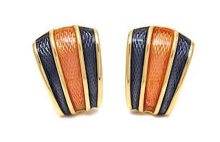 * A Pair of 18 Karat Yellow Gold and Polychrome Enamel Earclips, de Vroomen, 13.90 dwts.