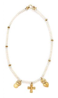 An 18 Karat Yellow Gold, Cultured Pearl and Diamond Necklace, 14.60 dwts.