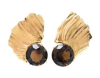 A Pair of 14 Karat Yellow Gold and Smokey Quartz Earclips, Eve Alfille, 12.10 dwts.