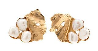 A Pair of Yellow Gold and Cultured Pearl Earclips, Eve Alfille, 9.30 dwts.