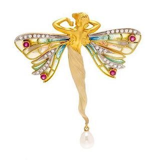 An 18 Karat Yellow Gold, Polychrome Enamel, Ruby and Cultured Pearl "Nymphs" Pendant/Brooch, Masriera, 13.60 dwts.