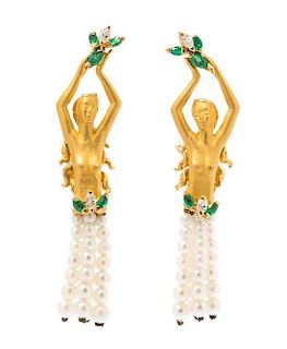 * A Pair of 18 Karat Yellow Gold, Emerald, Diamond and Cultured Pearl Earclips, Carrera y Carrera, 9.80 dwts.