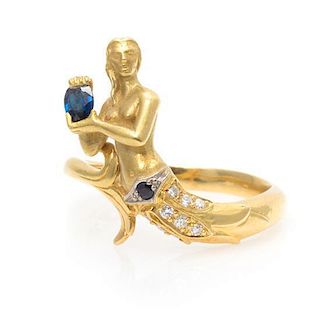 * An 18 Karat Yellow Gold, Diamond and Sapphire Mermaid Motif Ring, Carrera y Carrera, 5.10 dwts.