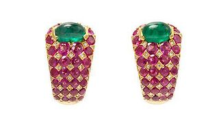 * A Pair of 18 Karat Yellow Gold, Diamond, Emerald and Ruby Earrings, Elan, 21.40 dwts.