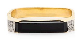 A Yellow Gold, Onyx and Diamond Bangle Bracelet, 25.90 dwts.