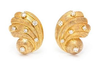 * A Pair of Yellow Gold and Diamond Seashell Earclips, 8.90 dwts.