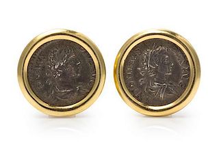 * A Pair of 18 Karat Yellow Gold and Ancient Coin Earclips, 14.90 dwts.