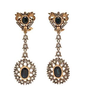 * A Pair of Bicolor Gold, Sapphire and Diamond Pendant Earrings, 12.00 dwts.