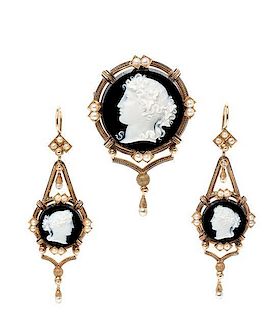 A Victorian Yellow Gold, Sardonyx Cameo, and Pearl Demi Parure, 19.50 dwts.