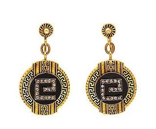 A Pair of Victorian 18 Karat Yellow Gold, Diamond, Onyx and Enamel Earclips, 6.20 dwts.