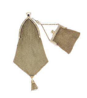 A 14 Karat Yellow Gold, Synthetic Sapphire and Seed Pearl Mesh Purse, Carter, Gough & Co. 65.60 dwts.
