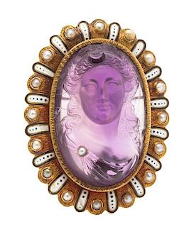 A Victorian Yellow Gold, Amethyst Cameo, Seed Pearl and Polychrome Enamel Brooch, 27.60 dwts.