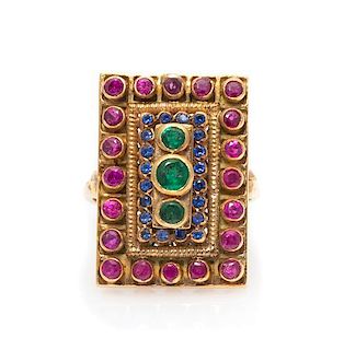 A Yellow Gold, Emerald, Ruby, and Sapphire Ring, 7.90 dwts.
