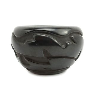Helen Shupla (1928-1985) - Santa Clara Polished Blackware Bowl with Carved Avanyu Design c. 1960-70s, 3.75" x 5.75" (P3570-129) 