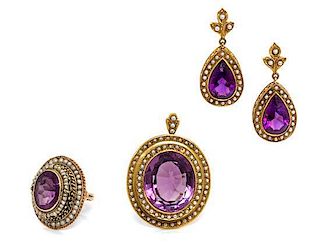 A Collection of Yellow Gold, Amethyst and Seed Pearl Jewelry, 29.40 dwts.
