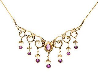 An Edwardian 14 Karat Yellow Gold, Amethyst and Pearl Fringe Necklace, 7.70 dwts.