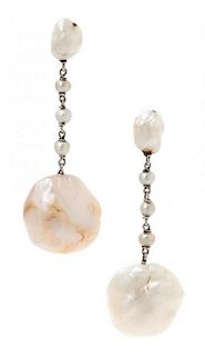 A Pair of Platinum and Natural Pearl and Pearl Earrings, 7.40 dwts.