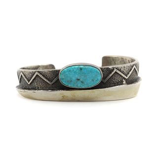 Aaron Anderson - Navajo Contemporary Asymmetrical Turquoise and Silver Bracelet with Tufacast Geometric Design, size 6 (J15418)