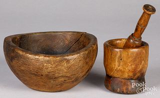Burl bowl and mortar and pestle, 19th c.