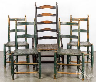 Set of four painted rush seat side chairs, 19th c.