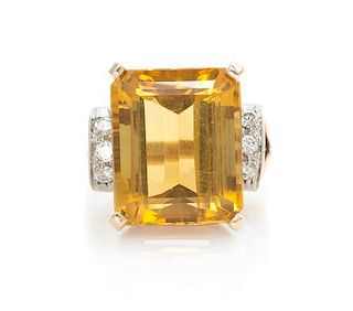 A Retro Rose Gold, Citrine and Diamond Ring, 6.30 dwts.
