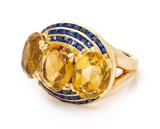 A Yellow Gold, Citrine and Sapphire Ring, 8.50 dwts.