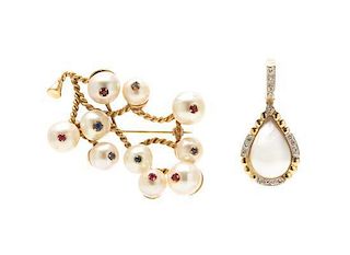 A Collection of Yellow Gold and Cultured Pearl Jewelry, 18.70 dwts.
