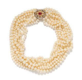 * A Bicolor Gold, Pink Tourmaline, Diamond and Cultured Pearl Multistrand Torsade Necklace,