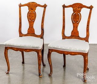 Pair of Queen Anne marquetry inlaid dining chairs