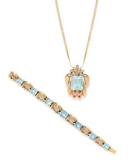 * A Collection of Yellow Gold, Aquamarine and Diamond Jewelry, 40.80 dwts.